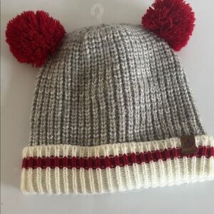 Cozy Gray/Red Kids Pom-Pom Knit Beanie Cap